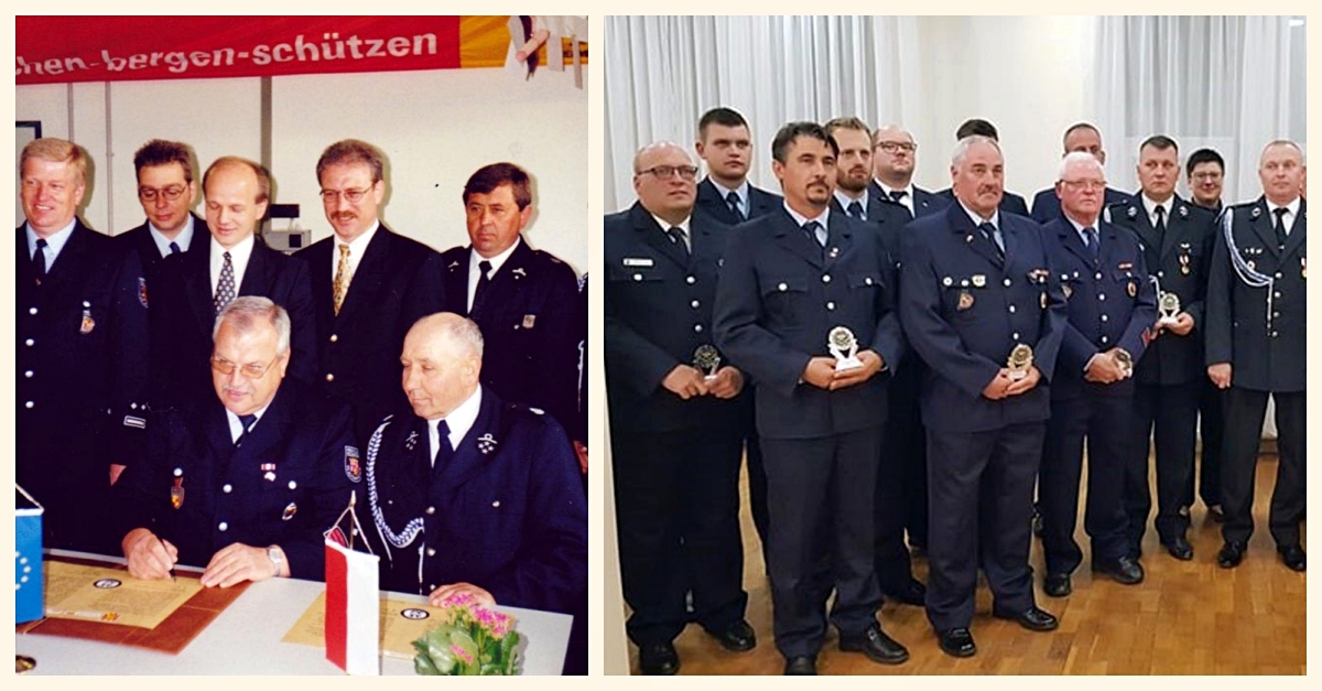 Damals wie heute: Von der Unterzeichnung der Partnerschaftsurkunde 1999 (links) bis heute verbindet die beiden Feuerwehren eine langjhrige Freundschaft. (Foto: Feuerwehr)