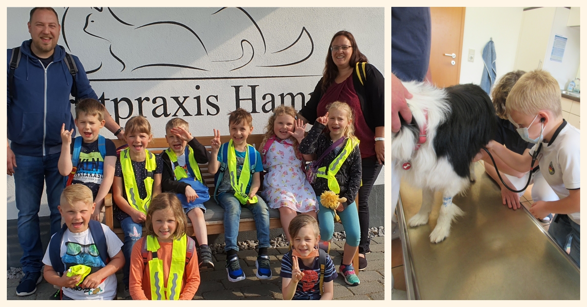 Links: Die Vorschulkinder der Kita "Wundertte" waren zu Besuch beim Tierarzt. Rechts: Das Stethoskop im Einsatz. (Fotos: Kita) 