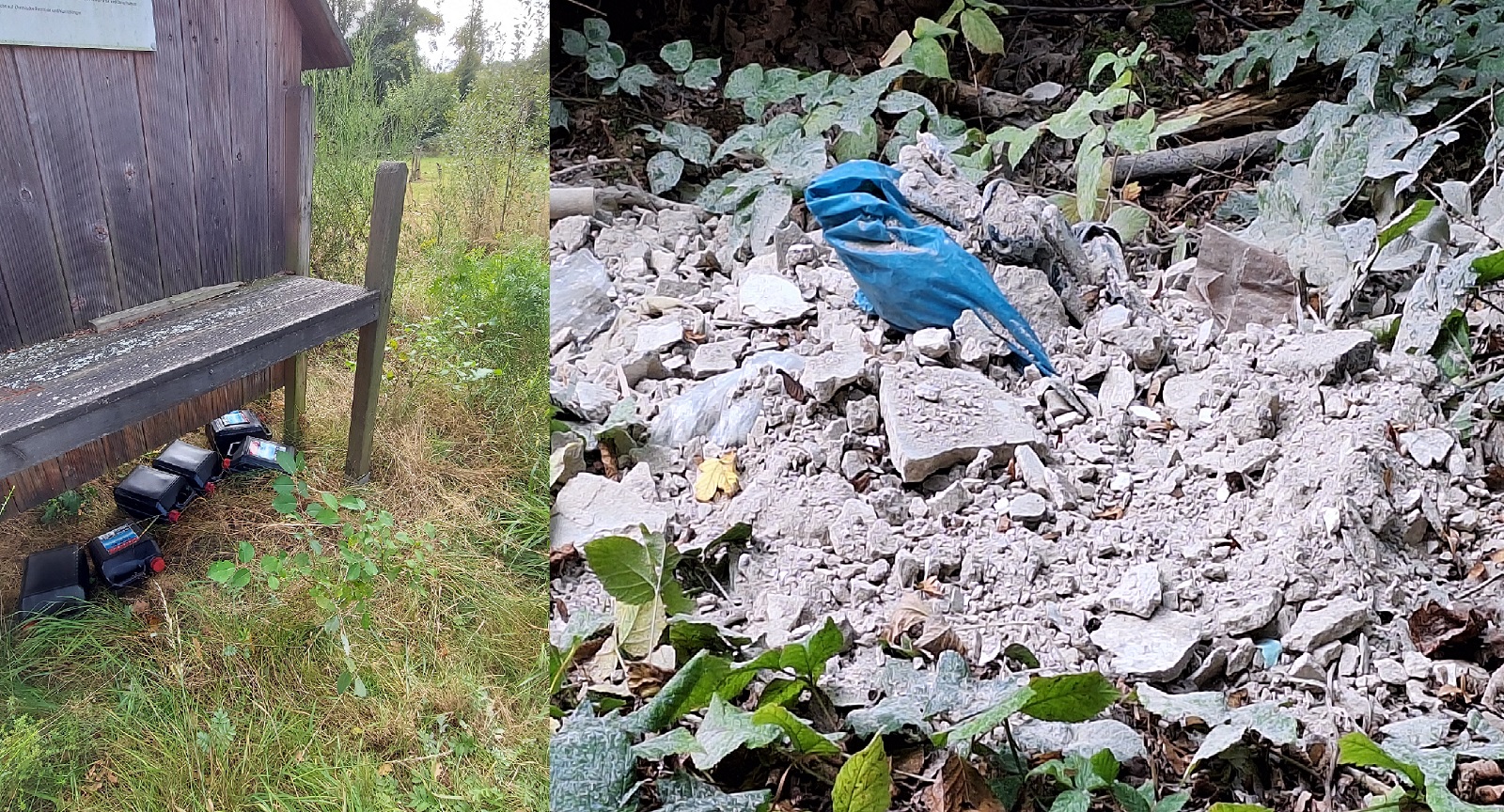 Links: Altl bei Birnbach / Rechts: Restmll am Denkmal. (Fotoquelle: Verbandsgemeindeverwaltung Altenkirchen-Flammersfeld)