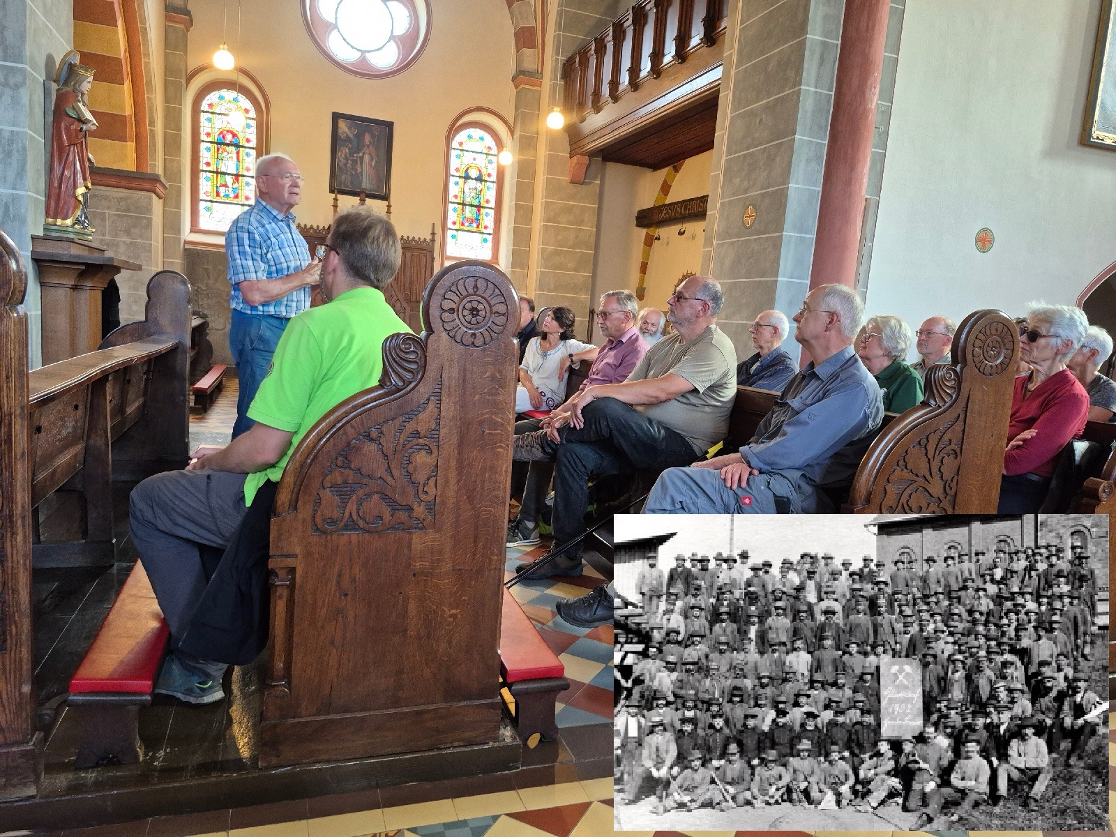 Heimatforscher Albert Schfer (links) informierte in der Pfarrkirche Peterslahr ber die Religiositt der Bergleute. (Foto: Martina Beer und Archiv-Repro Bergbaufrderverein)