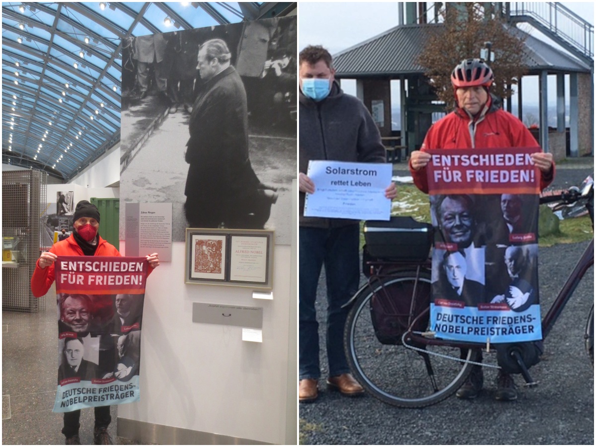Vor der Urkunde, die Willy Brandt bei der Verleihung des Friedensnobelpreises am 10. Dezember 1971 in Oslo erhalten hatte, war der Fototermin im "Haus der Geschichte" (links). Gestartet hatte Hermann Reeh die aktuelle Friedenstour am Barbaraturm. (Fotos: Reeh/Jenny Patt) 