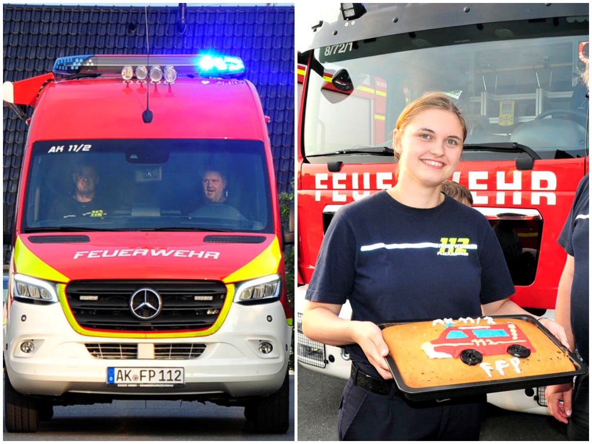 Der neue ELW 1 trifft in Pleckhausen ein. Am Steuer Wehrfhrer Michael Becker. Als besonderes Highlight hatte Aileen Mohr einen Kuchen gebacken, der das Bild des neuen Fahrzeuges zeigt. (Fotos: kk)