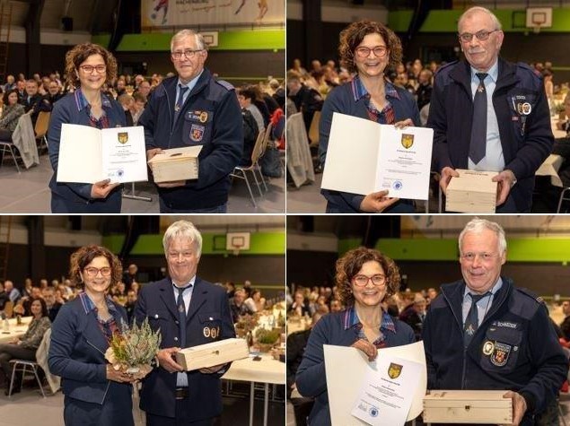 Gabriele Greis berreichte die Entlassungsurkunden wegen Erreichens der Altersgrenze an Rolf Bell (Dreifelden) sowie Raymund Dngen, Jrgen Schneider und Ottmar Schneider (Mndersbach) (Alle Fotos: Rder-Moldenhauer / Quelle: Verbandsgemeinde Hachenburg)