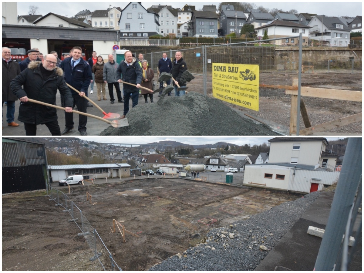 Frank Reifenrath, Andreas Hundhausen, Jrg Nebeling und Christian Peter machten den symbolischen ersten Spatenstich. Das Gebude werden sich dann die Feuerwehr und der kommunale Bauhof teilen. (Fotos: tt)