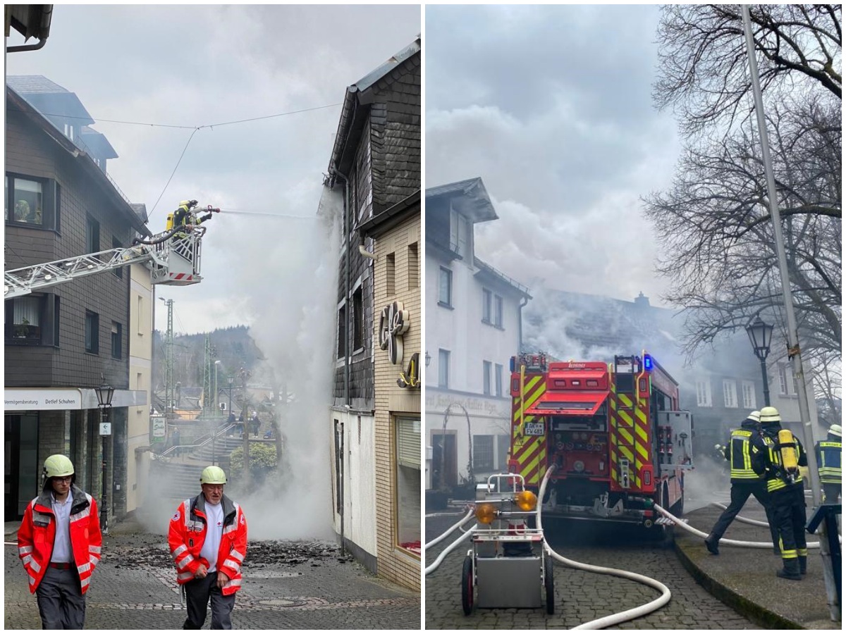 Im Wissener Stadtkern steht am Donnerstagmittag (31. Mrz) der Dachstuhl eines Hauses in Brand. (Fotos: privat/kk)