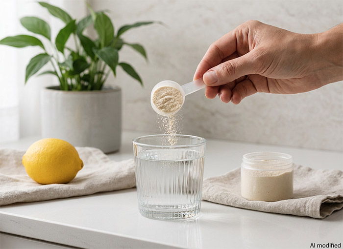 Kollagenpulver wird mithilfe eines Dosierl�ffels in ein Glas Wasser einger�hrt. Hochwertige Kollagenpr�parate zeichnen sich unter anderem durch eine gute L�slichkeit und eine transparente Deklaration der Inhaltsstoffe aus. (Foto: KI-generiertes Illustrationsbild, erstellt mit ChatGPT/OpenAI).