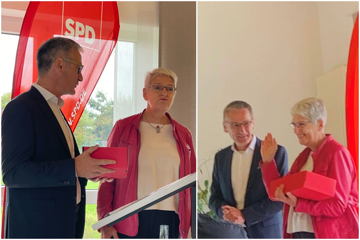 Beim ersten Parteitag in Prsenz nach Bundestagswahl und Corona-Pandemie nutzte der SPD-Kreisvorsitzende Hendrik Hering die Gelegenheit, die im November 2021 aus dem Bundestag ausgeschiedene SPD-Abgeordnete, Gabi Weber, offiziell zu verabschieden und ihr fr ihre Arbeit herzlich zu danken. (Foto: privat)
