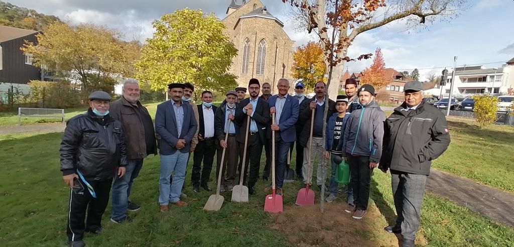 Mitglieder der Ahmadiyya Muslim Gemeinde und Landrat Hallerbach bei der Baumpflanzung. Foto: privat