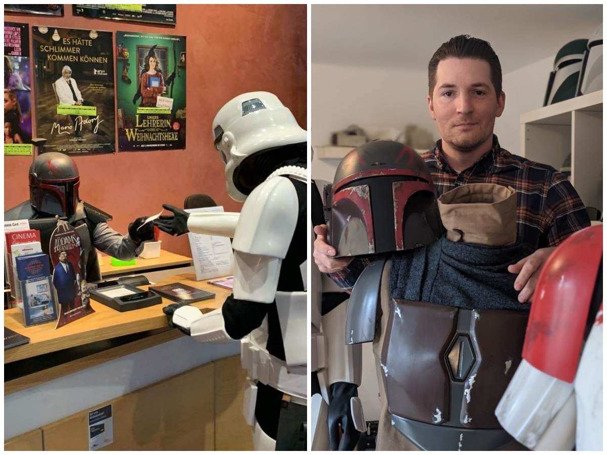 Jannik Bachmann (hinter Kasse) ist als Mandolorianer gefragter Gast, unter anderem im Hachenburger Kino "cinexx". Sein Freizeitzimmer (rechts) lsst das Herz eines jeden Star-Wars-Fans hher schlagen. (Fotos: "cinexx"/ ddp)