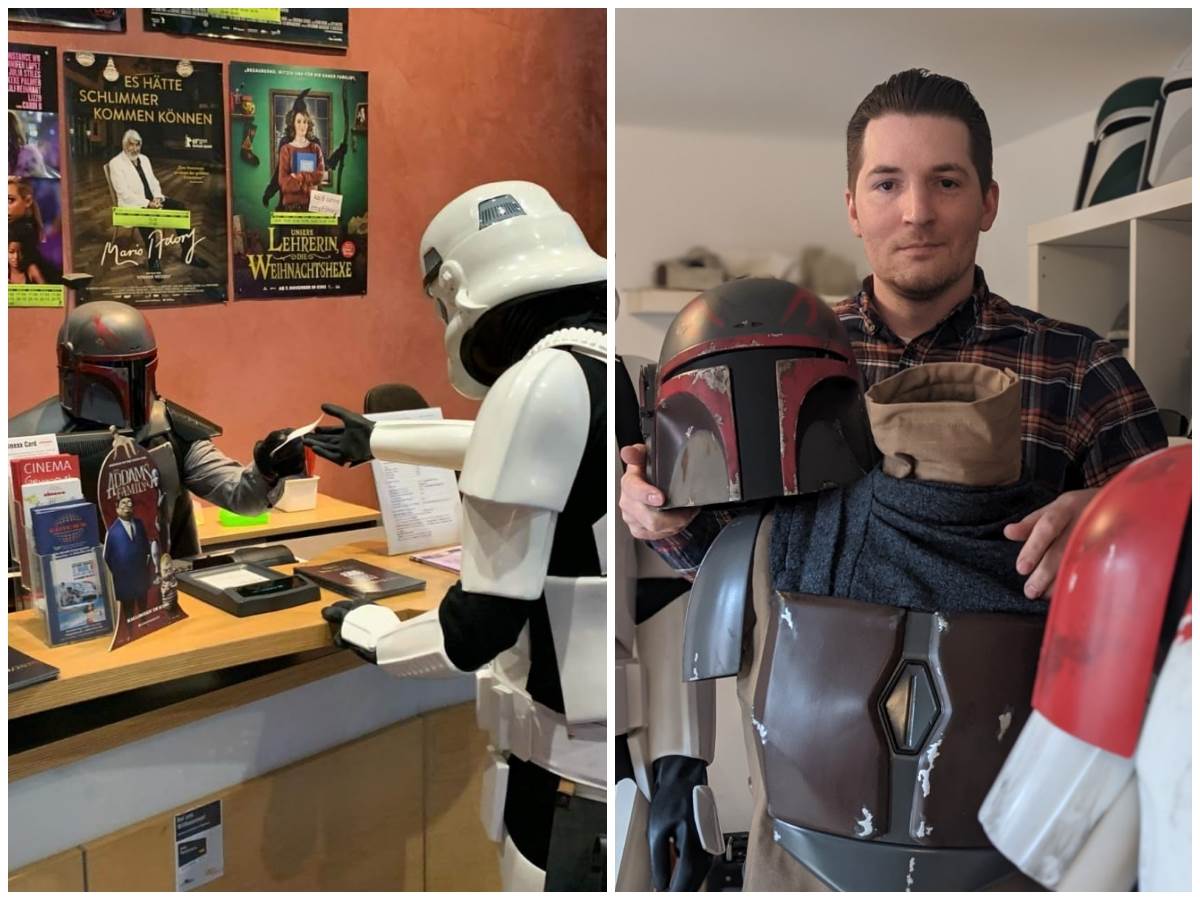 Jannik Bachmann (hinter Kasse) ist als Mandolorianer gefragter Gast, unter anderem im Hachenburger Kino "cinexx". Sein Freizeitzimmer (rechts) lsst das Herz eines jeden Star-Wars-Fans hher schlagen. (Fotos: "cinexx"/ ddp)