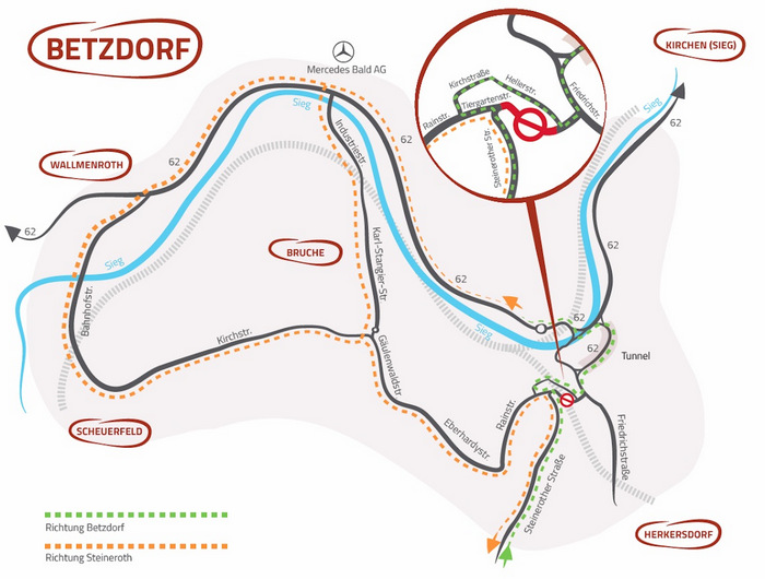 Die bersicht zeigt, dass PKWs trotz Brckenbaustelle und Umleitungen ber die Steinerother Strae in die Betzdorfer Innenstadt gelangen knnen. (Grafik: IHK/Aktionsgemeinschaft Betzdorf)  