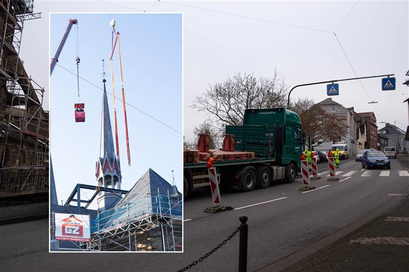 Fr einseitige (und zeitweise komplette) Straensperrungen sorgten ein Gerstabbau am Vierungsturm der kath. Kirche in Kirchen. Mehr Fotos in der Galerie unter dem Artikel. (Fotos: Thorben Brucherseifer) 