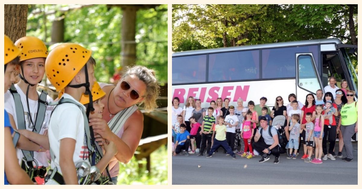 Rechts: Patrick Wnning (mit seiner Ehefrau in der Bustr zu sehen) fuhr die Familien persnlich nach Bad Marienberg. Links: Bianca Belleflamme vom Pferdehof Grsbachtal kontrolliert die Helme. (Fotos: privat)