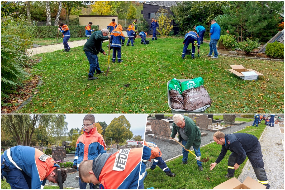 Die Jugendfeuerwehr Nentershausen sorgte mit weiteren Beteiligten dafr, dass 2000, vom Imkerverein Hadamar-Dornburg gespendete Krokusszweibeln auf dem Friedhof in Nentershausen gepflanzt wurden. (Foto: Feuerwehr Nentershausen)