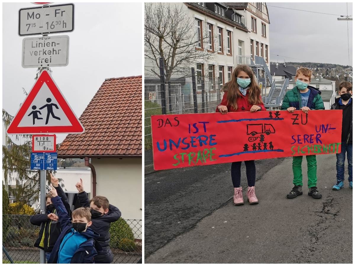 Zu viele und zu schnelle Autos. Die kath. Kindertagessttte Adolph-Kolping und die Grundschule Wissen besorgt die Verkehrssituation in der Schulstrae - und die Kinder ebenfalls, wie die Aufnahmen zeigen. (Fotos: kath. Kindertagessttte Adolph-Kolping Wissen) 