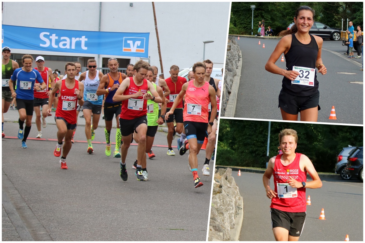 Als erste Frau kam Joanna Tallmann (r. oben) ins Ziel und einen neuen Streckenrekord der Frauen hin. Fabian Jenne (r. unten) gewann den Lauf ber elf Kilometer. (Fotos: VfL Waldbreitbach)