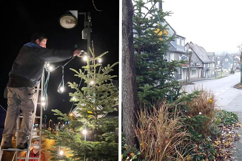 Ein Spaziergnger hatte die Beschdigung entdeckt. Helfer der Aktionsgemeinschaft tausche die Lichterkette schnell wieder aus. (Fotos: FB-Seite niederfischbach.de/ Christoph Ktting)