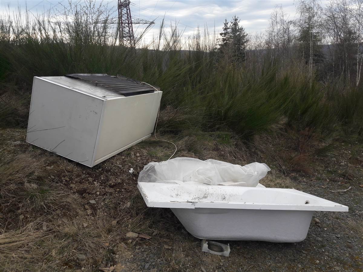 Bei dem illegal entsorgten Mll handelt es sich um einen greren Khlschrank (Made in Australia), eine Badewanne und in Plastikfolie eingeschlagenen Bauschutt (Teile von Rigips-Platten und Gasbetonsteinen). (Foto: Ortsbrgermeister Staudt) 