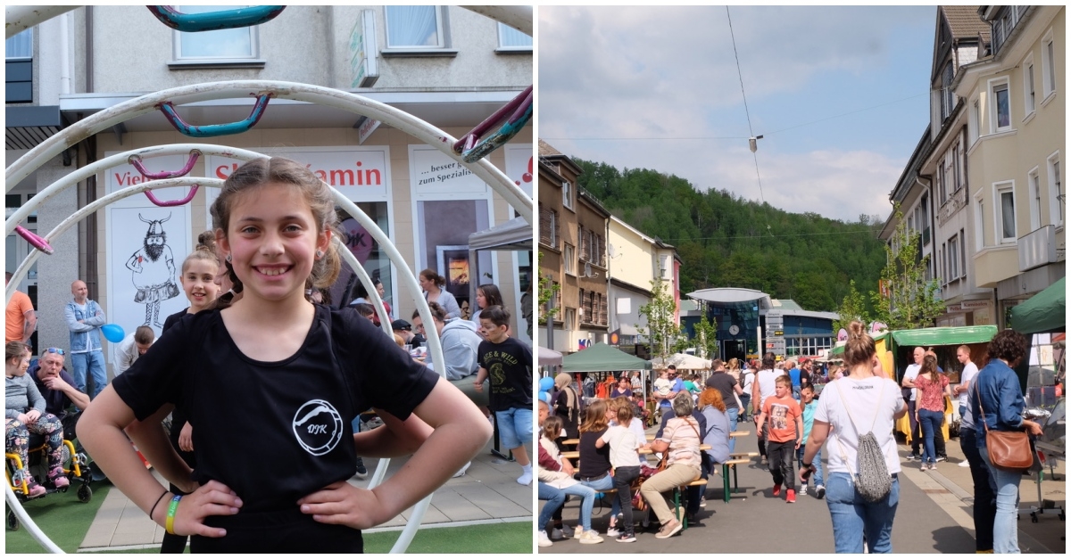 Viele Gste zog es auf den Wissener Maimarkt 2022. Dort begeisterten unter anderem die Rhnrad-Artisten vom DJK Wissen-Selbach. Kim freute sich, mit ihren Mitstreitern ihr Knnen zu zeigen. (Fotos: KathaBe)