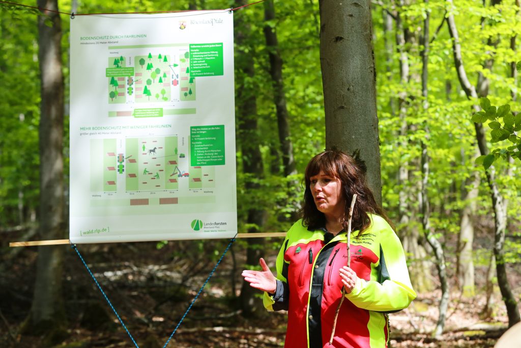 Fr die forstlichen Laien erklrte Monika Runkel (FA Hachenburg) warum Mehraufwand fr bodenschonendere Verfahren entsteht. Dazu wurden verschiedene Themenplakate angefertigt. Fotos: Roberto Robalto 
