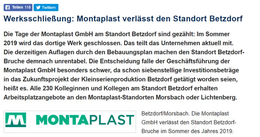 Seit einigen Tagen ist klar: Montaplast schliet den Standort Betzdorf. (Screenshot: ak-kurier.de)
