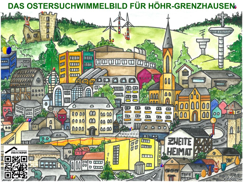 Osterwimmelbild. Grafik: Petra Litt, Zweite Heimat