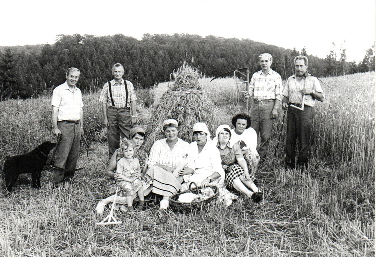 Foto: Pause im Getreidefeld in Pleckhausen anno dazumal. Das Foto von Albert Schfer zeigt Pleckhauser bei einer nachgestellten Szene, anlsslich der 600 Jahr-Feier der Gemeinde 1997. Quelle: Albert Schfer