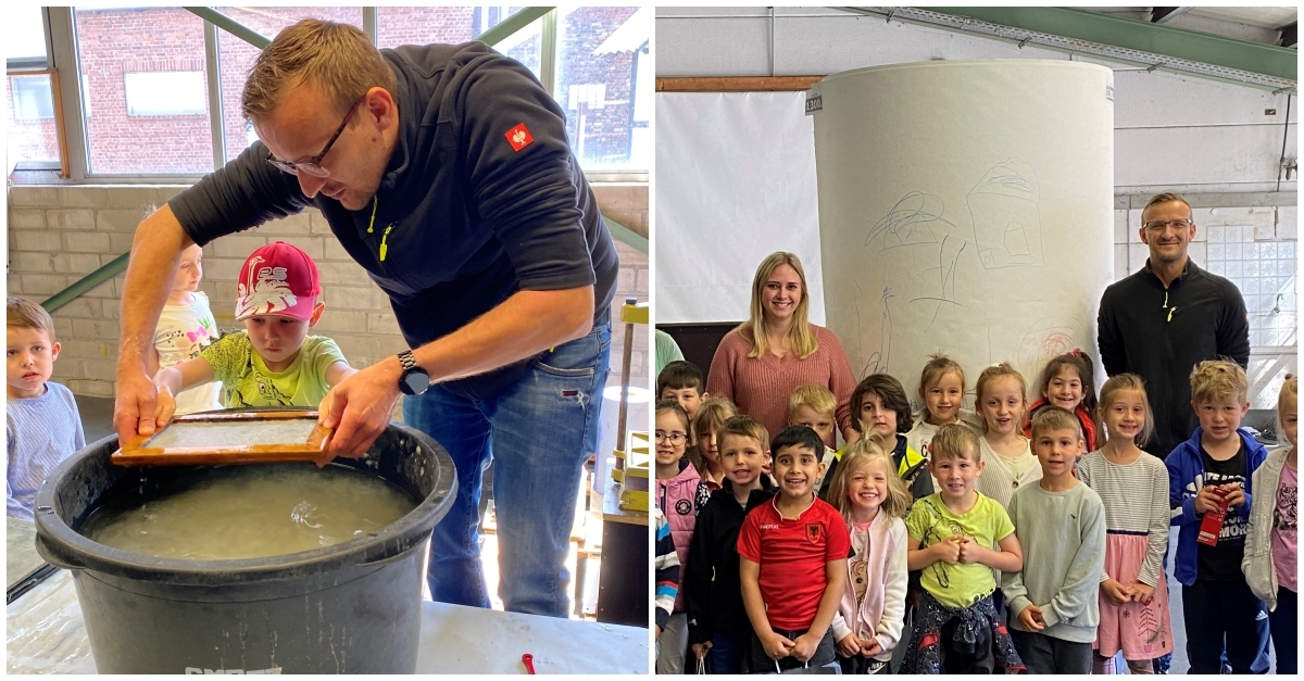 Der Kindergarten Traumland Honneroth besuchte die Papierfabrik JagoTech in Almersbach. Im Papiersaal durfte eine groe Produktionsrolle bemalt werden. Matthias Pohle zeigte den Kindern auch, wie man sein eigenes Papier schpfen kann. (Foto: Kindergarten)