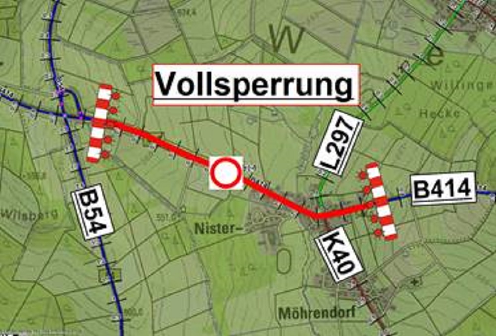 Vollsperrung auf der B414 zwischen Salzburg und Nister-Mhrendorf