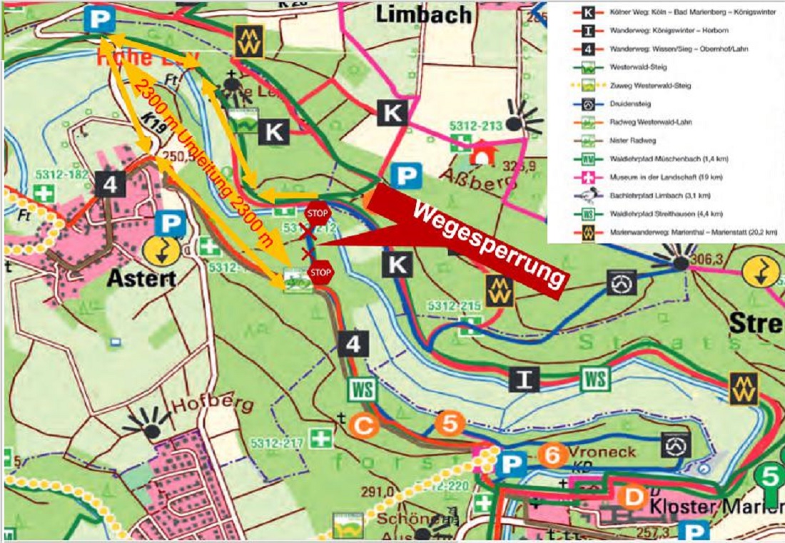 Kartenausschnitt mit Sperre und Umleitungsempfehlung. (Quelle: Forstrevier Marienstatt)