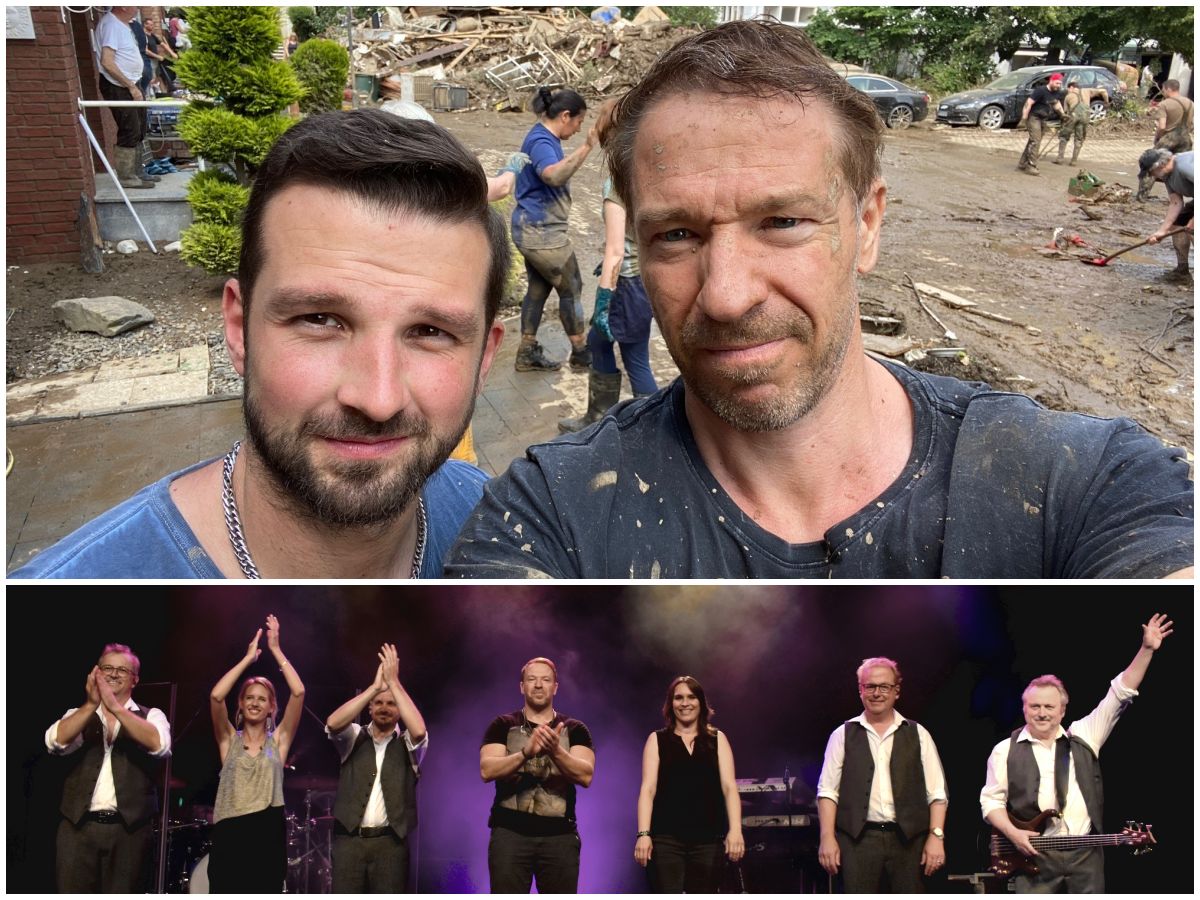 Street Life-Snger Patrick Lck (rechts) packt beim Aufrumen in Ahrweiler mit an - und wird ein Benefizkonzert zugunsten der Flut-Opfer geben. (Fotos: privat/Band)