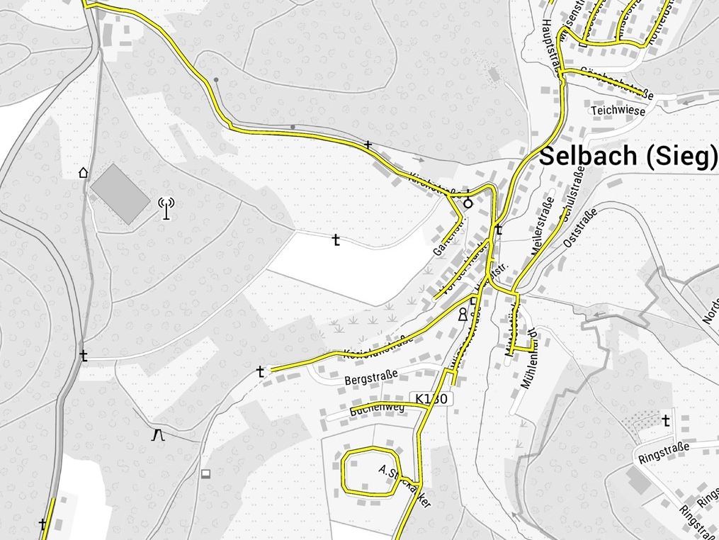 Der Ausschnitt zeigt einen Teil der Straen in Selbach, die bereits mit Erdgas versorgt sind. Die komplette bersicht findet sich unter dem Artikel. (Bilder: Stadtwerke Wissen) 