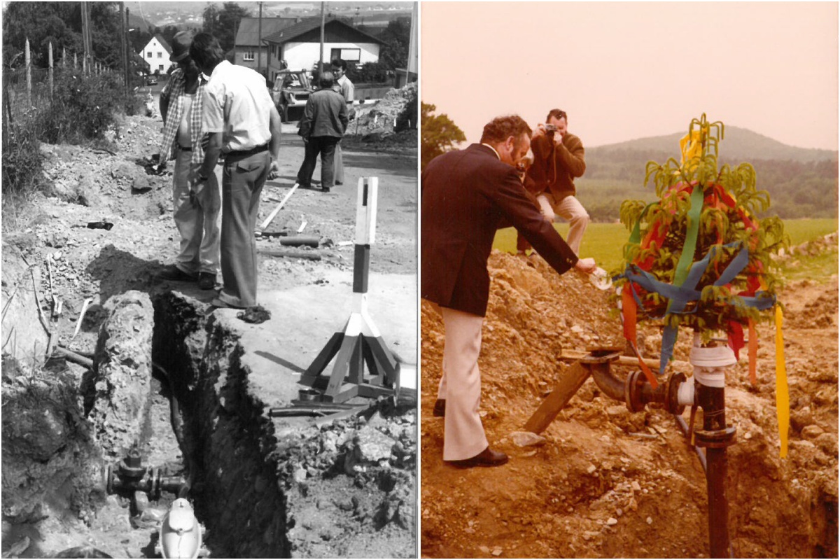 Der damalige Brgermeister von Bad Honnef Franz-Josef Kayser (rechts) nimmt die neue Wasserverbundleitung feierlich in Betrieb. (Fotos: privat)