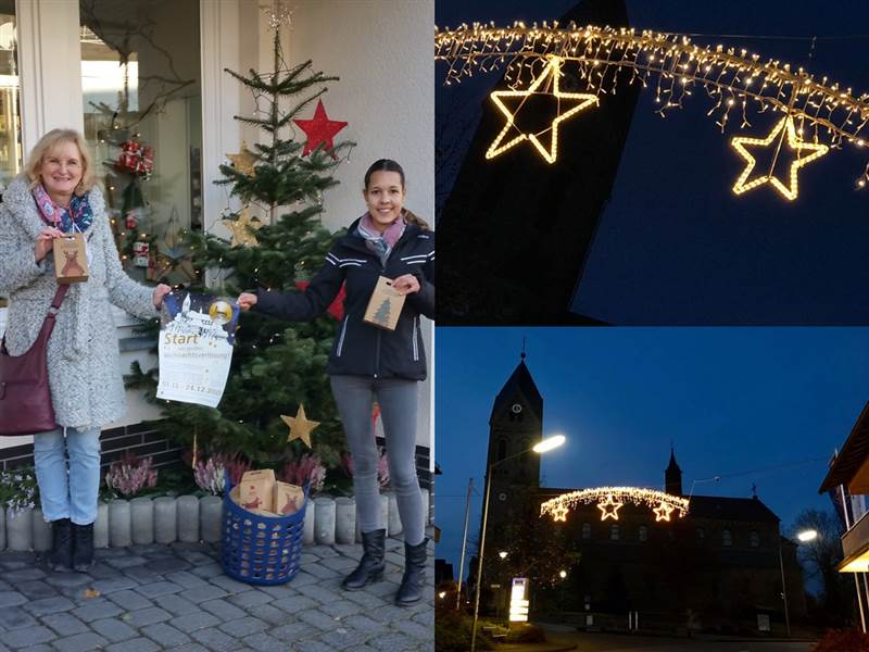 Maria Hasenbach-Wolff und Katharina Zller von der Werbegemeinschaft berbrachten der Kindertagessttte St. Maria Magdalena Nikolaustten. Die beiden anderen Bilder zeigen die neue Weihnachtsbeleuchtung. (Fotos: Werbegemeinschaft Gebhardshain)