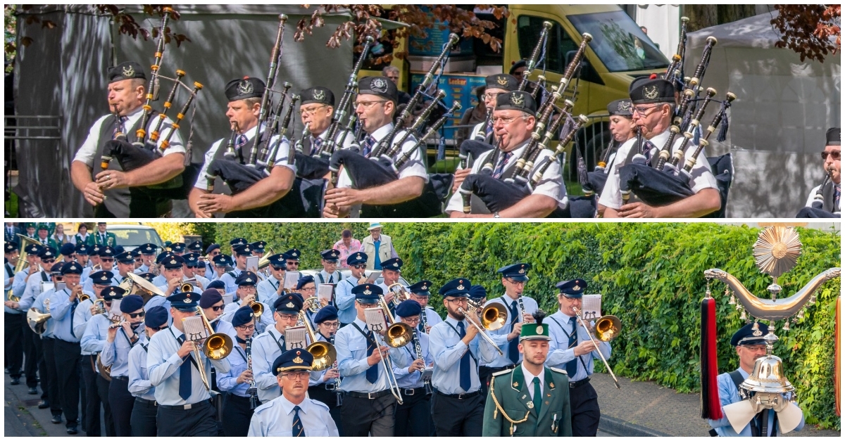 Fr beste musikalische Unterhaltung ist gesorgt auf dem Wissener Festumzug, unter anderem dabei: die Clan Pipers Frankfurt (oben) und die Feuerwehr- und Stadtkapelle Wissen. (Fotos: Tino Herrmann/Fabian Fischer)