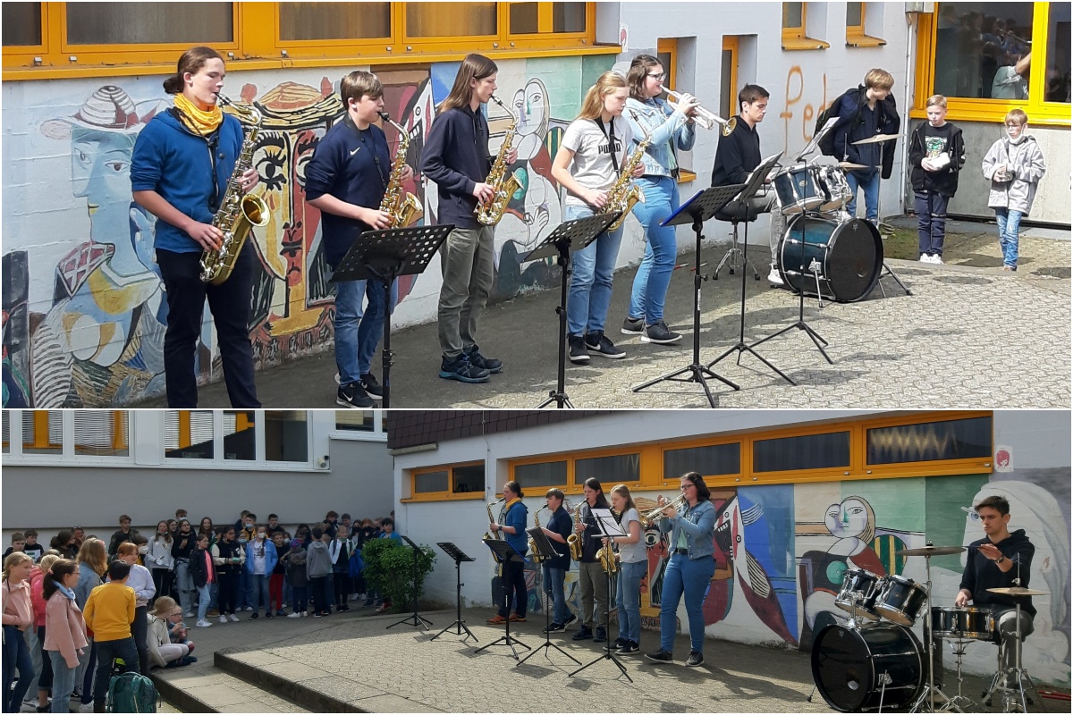 V.l.: Daniel Meuser (MSS 11, Tenorsaxophon), Simon Paffhausen (Kl. 8, Altsaxophon), Andreas Meuser (Kl. 10, Altsaxophon), Emma Sures (Kl. 10, Altsaxophon), Lilli Kramer (Trompete), Jannik Lorscheid (MSS 12, Schlagzeug). (Fotos: privat)